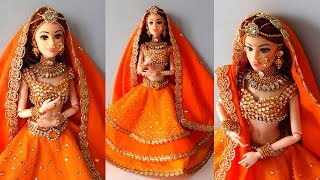 Barbie doll LEHENGA CHOLI  How to decorate a doll with indian bridal dressjewellery  Doll Lehenga [upl. by Neelhsa]