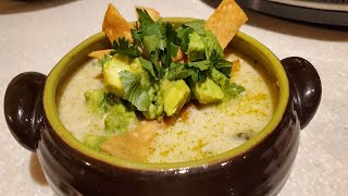 Creamy Green Chile Chicken Enchilada Soup  Homemade Tortilla Strips  Crockpot Cooking [upl. by Ayifa]