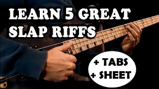 SLAP BASS  5 Easy Riffs Beginner amp Intermediate BASS LESSON with Tabs  Sheet [upl. by Aydidey]