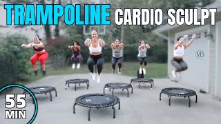 55 MIN Trampoline Cardio Sculpt Workout  Rebounder  Light Weights [upl. by Kakalina]