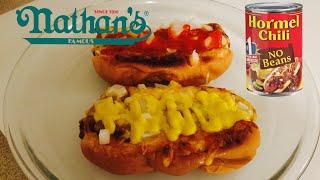 Chili Dog Recipe  Nathan’s amp Hormel Chili  What’s For Dinner [upl. by Karlee]