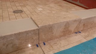 Part quot5quot How to tile shower curb amp measure all cuts to shower floor amp main bathroom floor DIY [upl. by Steffi]