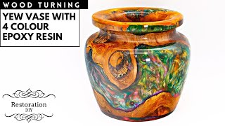 Woodturning  Yew Vase with 4 Colour Epoxy Resin  Restoration DIY [upl. by Legnaleugim]