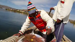 Expert Fishing on Totora Grass Boats Lake Titicaca Uros Floating Islands  Puno Peru [upl. by Tarazi198]