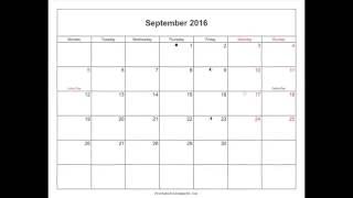 Free September 2016 Calendar Printable with Holidays and Notes in Word PDF [upl. by Krissie420]