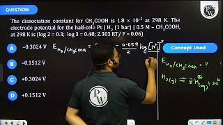 The dissociation constant for CH3COOH is 18amptimes105 at 298 K The electrode potential for th [upl. by Okiron]