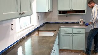 Concrete Countertops Start to Finish  Quikrete Mix Stone Polish Metal Trim 46 DIY OffGrid Build [upl. by Oile813]