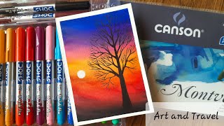 Evening Scenery and Tree Silhouette Watercolor Art with DOMS Brush Pens  Art and Travel [upl. by Oap]