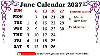 June Calendar 2027 junecalendar2027 [upl. by Sterrett]