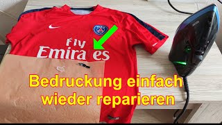 Trikot selbst Reparieren Aufdruck Schrift wiederbefestigen kleben TShirt Wappen Beflockung [upl. by Rhiamon577]