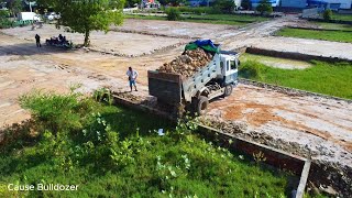 Full video Busy work start to complete 100 use small dozer pour soil delete grass with dump truck [upl. by Ursi]