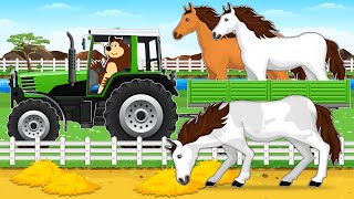 The Tractor At The Farm  Transport Trailers with Tractors and Feeding Horse Straw  Vehicles [upl. by Arretahs]