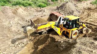 JCB 3dx Backhoe Machine Loding mud in 1 Tata trucks for making paddy farm [upl. by Oedama]