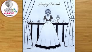 Beautiful Diwali Drawing Easy Diwali Festival Scenery Drawing Easy For Beginners [upl. by Ecirtnuahs]