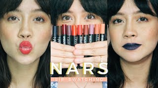 Lip Swatching  First Impressions 10 NEWEST NARS Velvet Matte Lip Pencils 2017  Camie Juan [upl. by Nagirrek668]