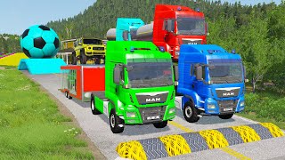 Double Flatbed Trailer Truck vs Speedbumps Train vs Cars  Tractor vs Train BeamngDrive 058 [upl. by Ahsataj]