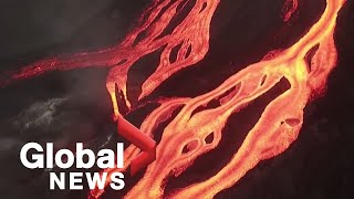 La Palma volcano Drone video shows intricacies of massive lava streams as eruption enters 7th week [upl. by Ernestus400]