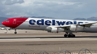 Edelweiss Air Airbus A340313 lands at Las Vegas  HBJMG [upl. by Tahmosh524]