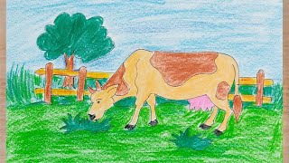 How To Draw Cow Eating Grass In The Field  Kids Drawing [upl. by Jaycee]