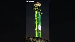 Light show featuring a GiantPanda saying hello and climbing up the Beijing Olympic Tower [upl. by Thayer]