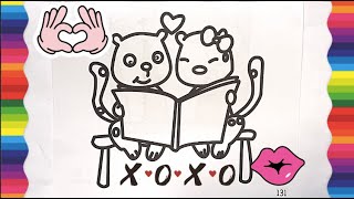 How to draw cute cats Cat coloring book  Draw cats in love [upl. by Den]