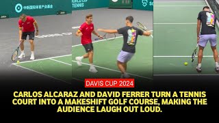 Davis Cup 2024 Highlights Carlos Alcaraz tries golf on tennis court with David Ferrer [upl. by Tobin]