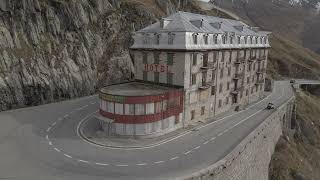 Hotel Belvedere drone Furka pass Rhone Gletscher Royalty Free Clips  stock footage 4k [upl. by Suiddaht]