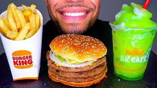 TRIPLE CHEESBURGER IMPOSSIBLE WHOPPER BURGER KING FRIES EATING MOUTH SOUNDS TALKING BIG BITES [upl. by Nessej125]