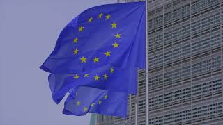 EU flags waving in slow motion by the Berlaymont building Brussels [upl. by Oijimer935]