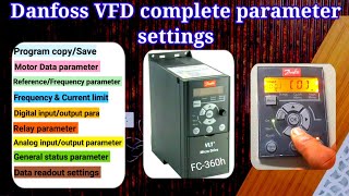 Danfoss VFD complete parameter settings  CopyMotor detailsDIDOAIAORelayFrequency [upl. by Atteyek]