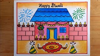 Easy Happy Diwali Drawing  Diwali Festival Drawing  Diwali Scenery Drawing For Beginners [upl. by Ayala931]