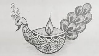 Diwali Diya Drawing Easy  How to Draw Beautiful Diya For Diwali  Peacock Diya Drawing [upl. by Cheffetz]