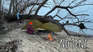 Winter Camping on a Beach with No Tent  Tarp Camping with my dog  Morning Rain [upl. by Aynat]