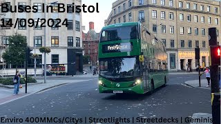 Buses In Bristol  14092024  Enviro400MMCsCitys Streetlights Streetdecks Geminis [upl. by Nauqed699]