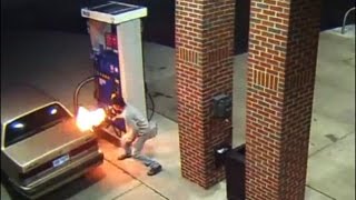 Man tries to kill spider with lighter at gas pump starts huge fire [upl. by Ardyce]