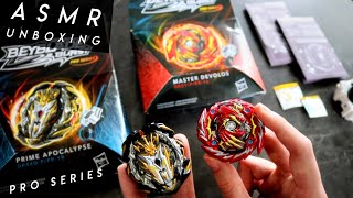 ASMR Unboxing PRO SERIES Prime Apocalypse amp Master Devolos Beyblade Burst  Hasbro vs Takara Tomy [upl. by Saeger]