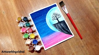 Beautiful Moonlight Scenery  Painting with Watercolor  step by step [upl. by Rachael144]