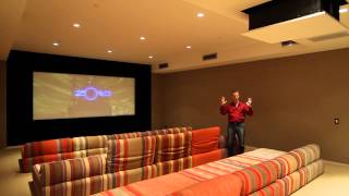 Custom Home Theater with dropdown projector screen masking and home automation tiein [upl. by Olyhs]