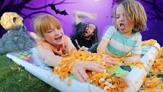 PUMPKiN GUTS WATER SLiDE Family challenges inside Mystery Pumpkins Adley amp Niko spooky Drop Test [upl. by Parke]