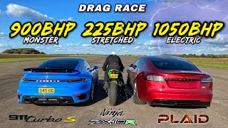 STREET KINGS 900HP TURBO S v 1050HP TESLA PLAID v 225HP NINJA [upl. by Vandyke]