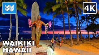 4K Waikiki Beach at Night in Honolulu Hawaii USA Walking Tour amp Travel Vacation Guide Kalakaua [upl. by Dusty44]