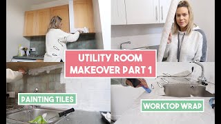 UTILITY ROOM MAKEOVER ON A BUDGET  WRAPPING WORKTOPS PAINTING TILES AND CABINET DOORS [upl. by Swithbert]