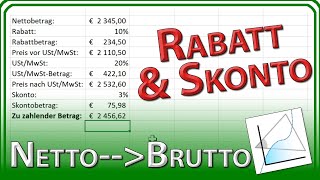 RABATT und SKONTO Netto Brutto Preis Buchhaltung  Excel Grundlagen Tutorial amp Anleitung [upl. by Maxama]