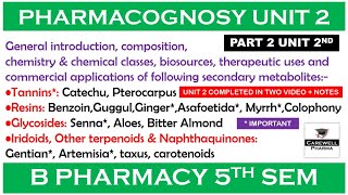 Part 2 Unit 2 completed  Pharmacognosy 5th sem  Tannins Resins Glycosides Iridoids etc [upl. by Oinota]