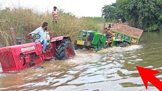 john deere tractor stuck in river with heavy loaded trolley rescued by mahindra tractor  tractor [upl. by Carli]