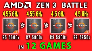 Ryzen 5 5600x vs Ryzen 7 5800x vs Ryzen 9 5900x vs Ryzen 9 5950x in 12 Games  AMD Zen 3 Battle [upl. by Lanni540]