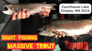 HUGE TROPHY TROUT caught while ICE FISHING 2024 Courthouse Lake Chaska MN [upl. by Eberta161]