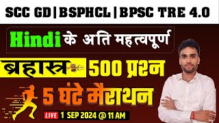 Hindi के अति महत्वपूर्ण ब्रहास्र 500 प्रश्न 5 घंटे मैराथन Complete Hindi SCC GD BSPHCL BPSC TRE 4 [upl. by Akinihs]