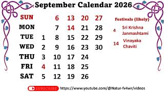 September Calendar 2026  September 2026 Festivals likely some optional and general holidays [upl. by Horatio136]