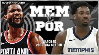 Memphis Grizzlies vs Portland Trail Blazers Full Game Highlights  Mar 2  2024 NBA Season [upl. by Worrell]